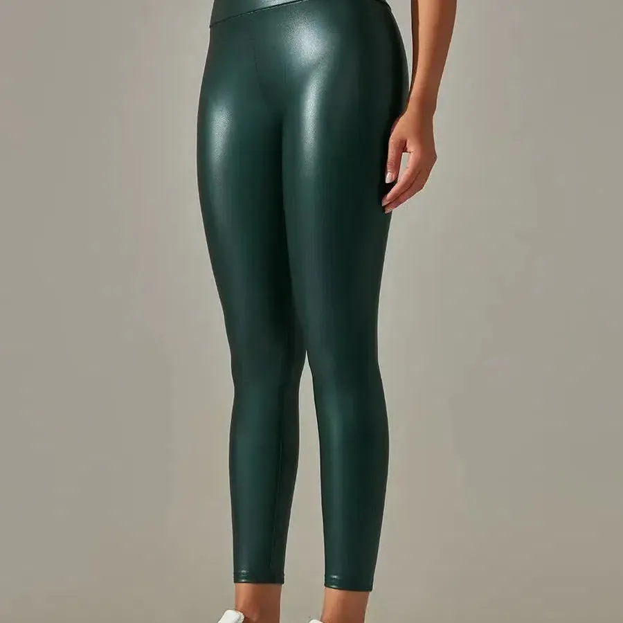 Women PU Leather Leggings Black Pockets High Waist Sexy Skinny Stretch Pants