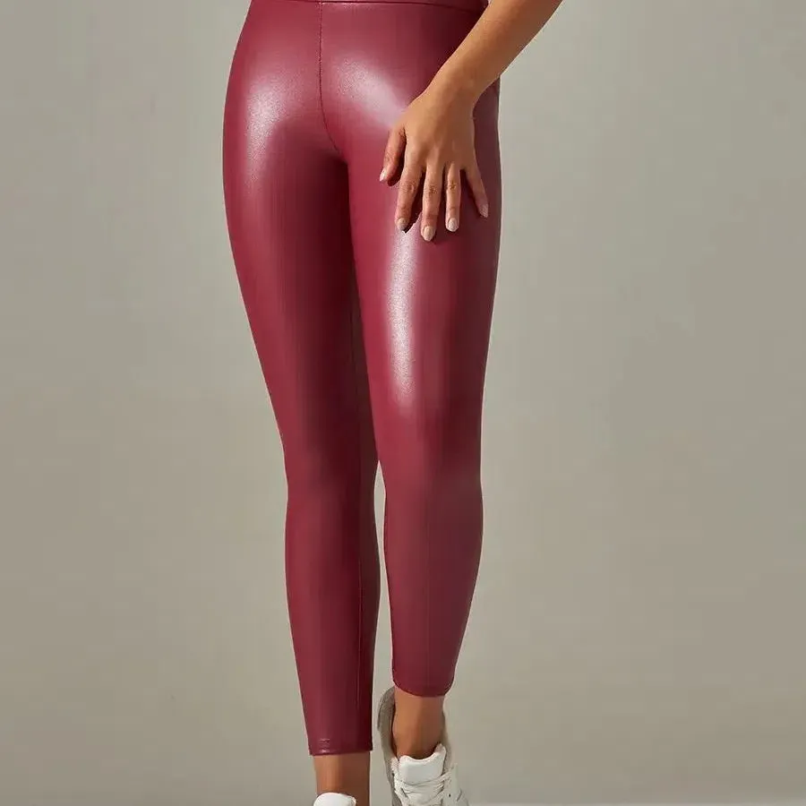 Women PU Leather Leggings Black Pockets High Waist Sexy Skinny Stretch Pants