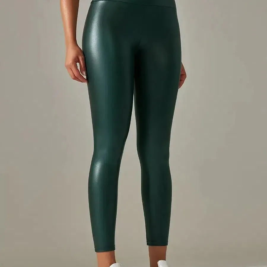 Women PU Leather Leggings Black Pockets High Waist Sexy Skinny Stretch Pants