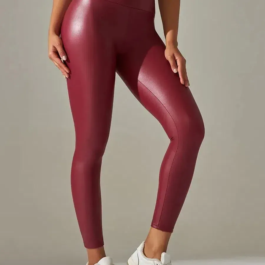 Women PU Leather Leggings Black Pockets High Waist Sexy Skinny Stretch Pants