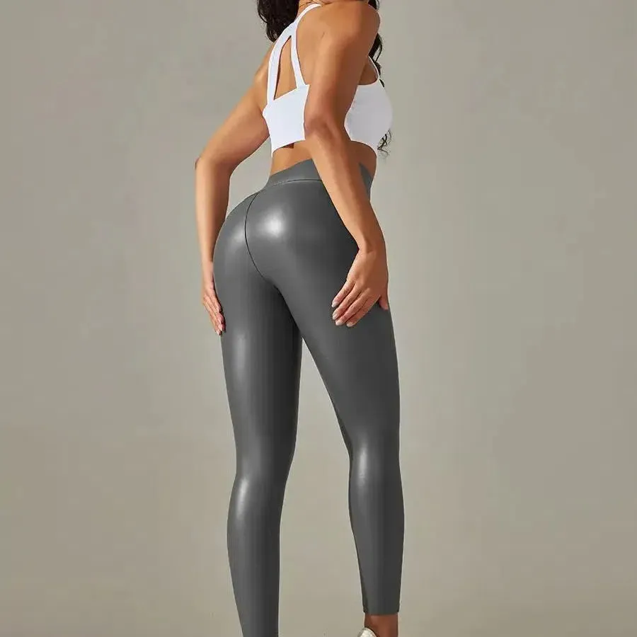 Women PU Leather Leggings Black Pockets High Waist Sexy Skinny Stretch Pants
