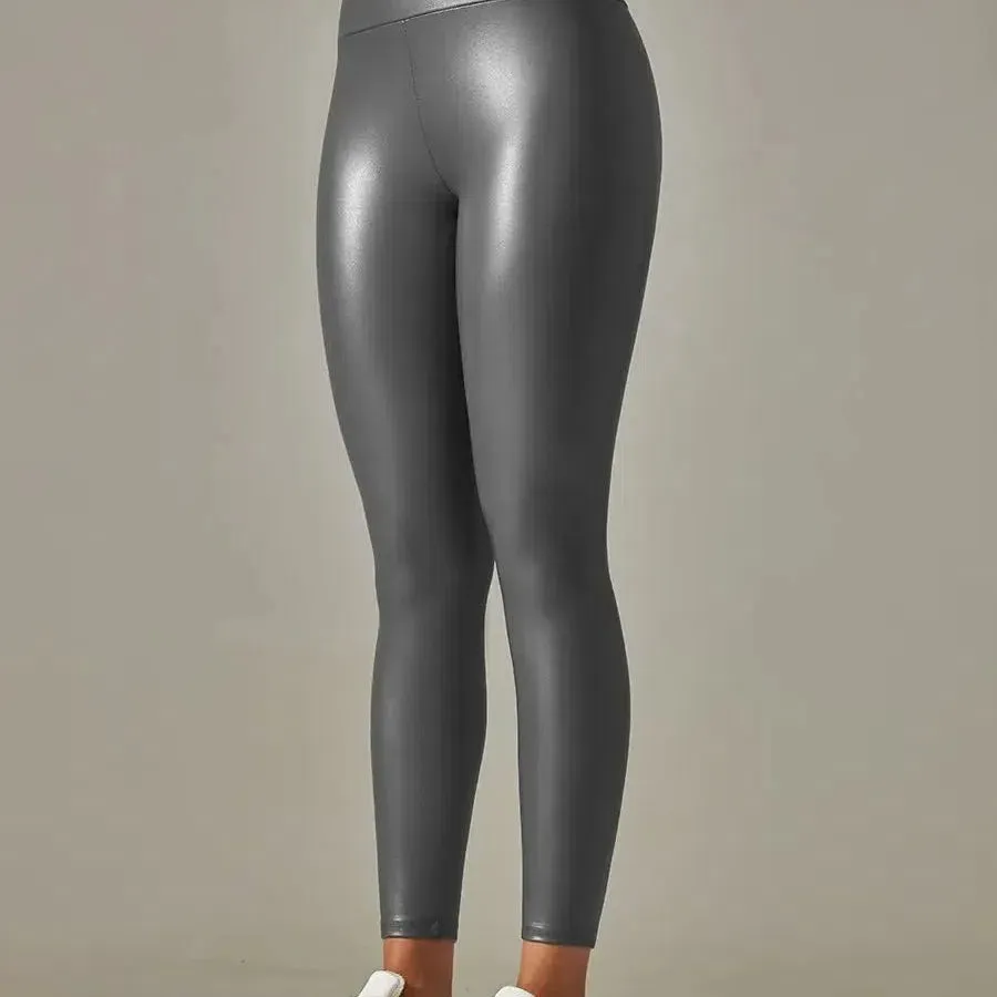 Women PU Leather Leggings Black Pockets High Waist Sexy Skinny Stretch Pants