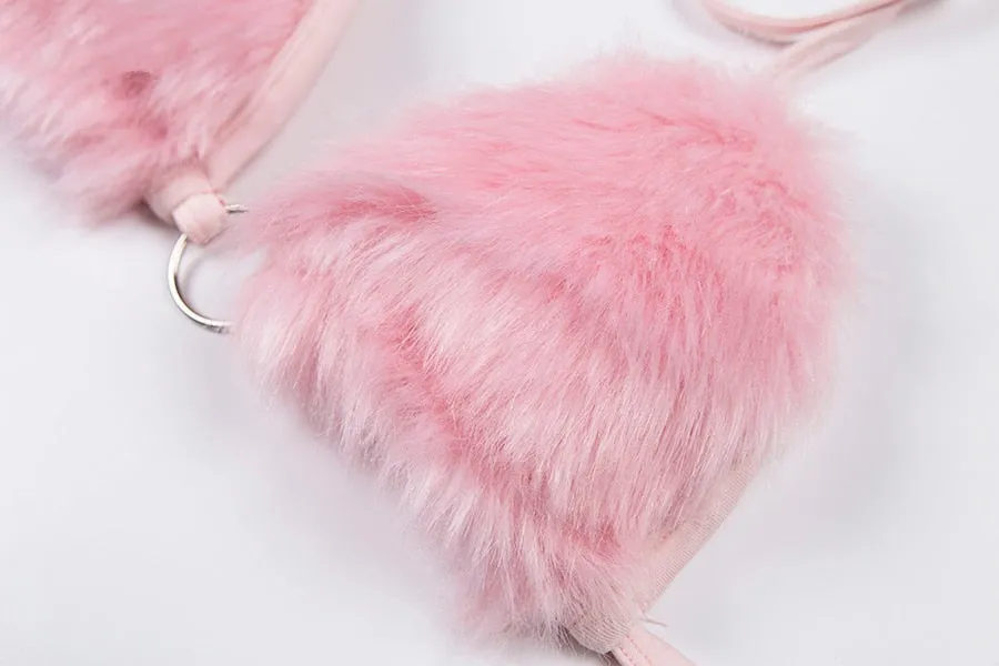Women's Summer Faux Fur Pink Bralette Top