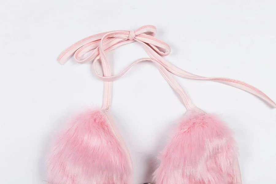 Women's Summer Faux Fur Pink Bralette Top