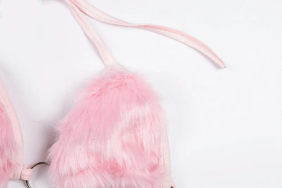 Women's Summer Faux Fur Pink Bralette Top