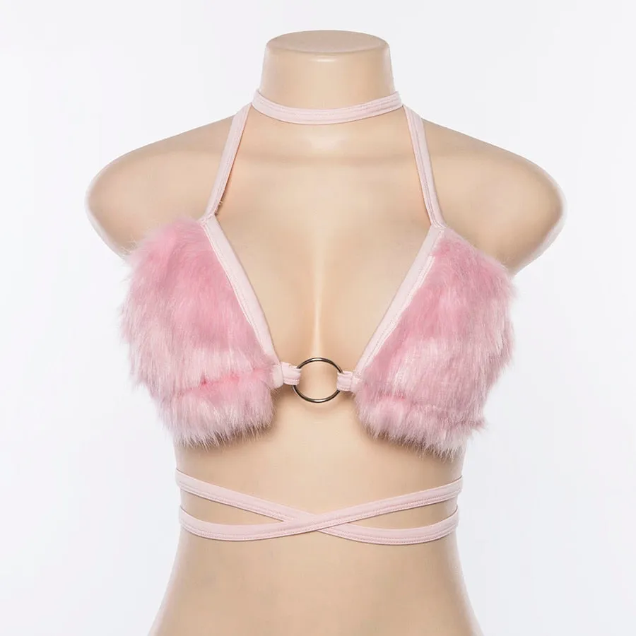 Women's Summer Faux Fur Pink Bralette Top
