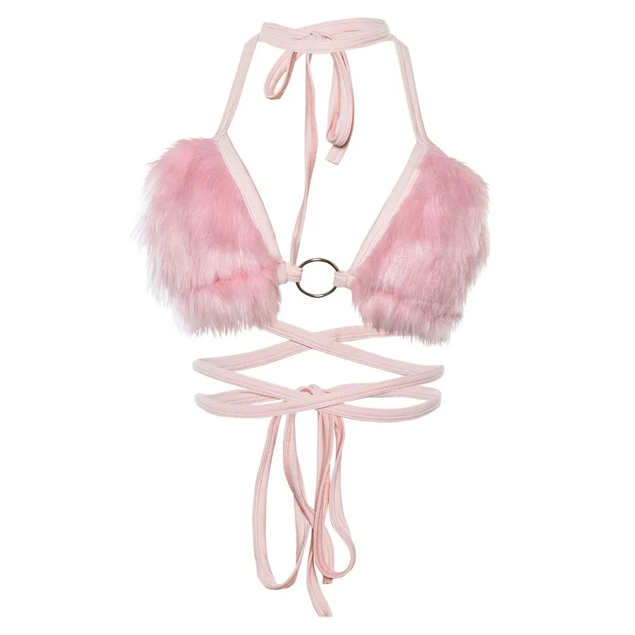 Women's Summer Faux Fur Pink Bralette Top