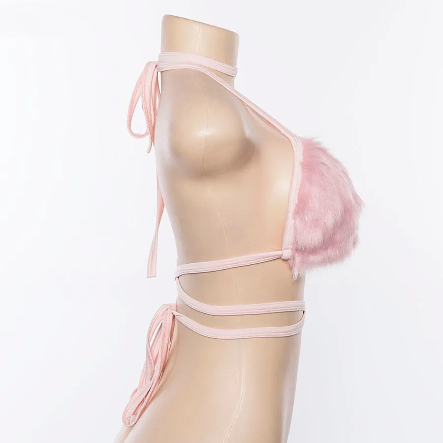 Women's Summer Faux Fur Pink Bralette Top