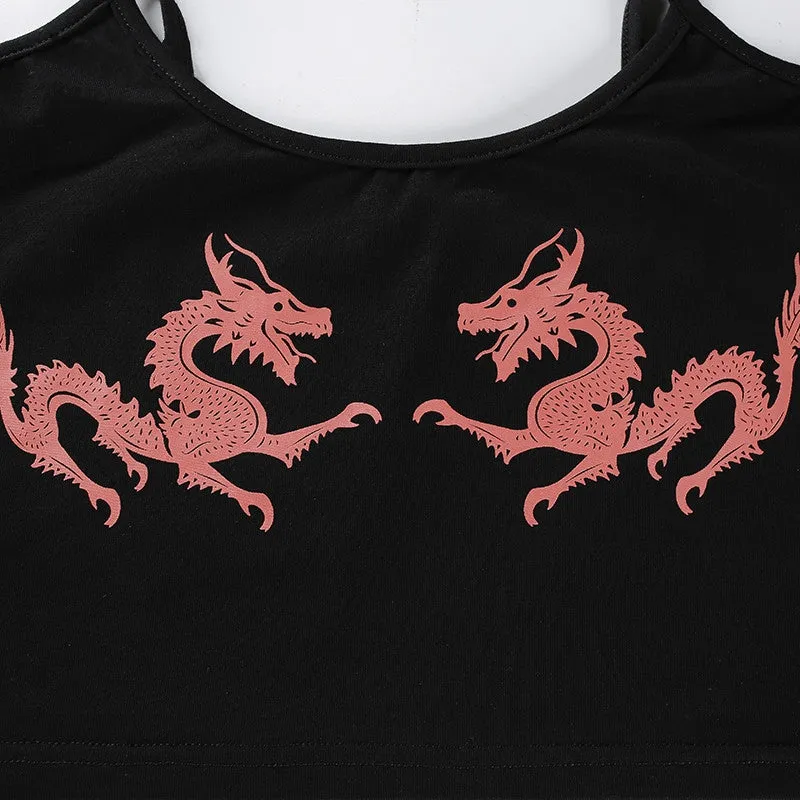 Women's Summer Strappy Tight Crop Top With Printed Dragons