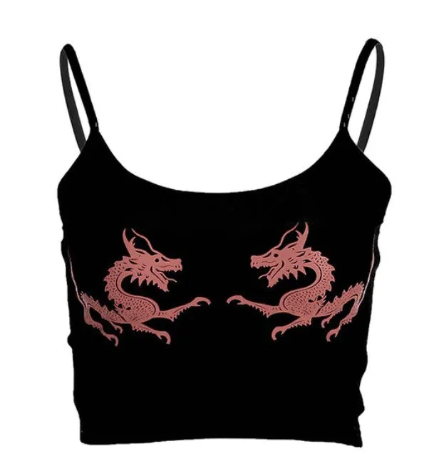 Women's Summer Strappy Tight Crop Top With Printed Dragons