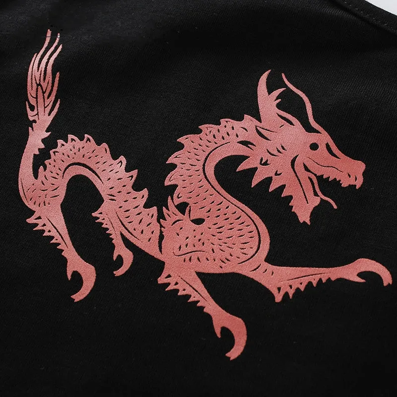 Women's Summer Strappy Tight Crop Top With Printed Dragons