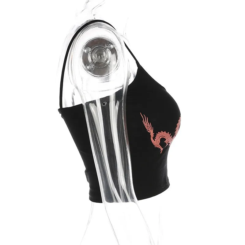 Women's Summer Strappy Tight Crop Top With Printed Dragons