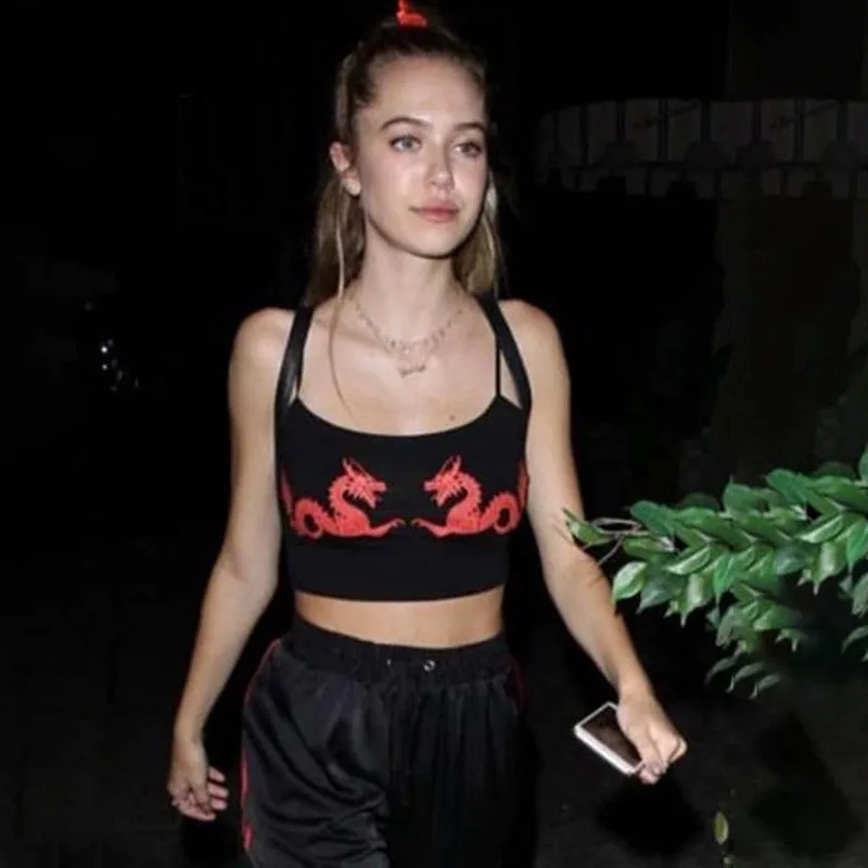 Women's Summer Strappy Tight Crop Top With Printed Dragons