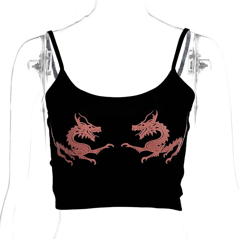 Women's Summer Strappy Tight Crop Top With Printed Dragons