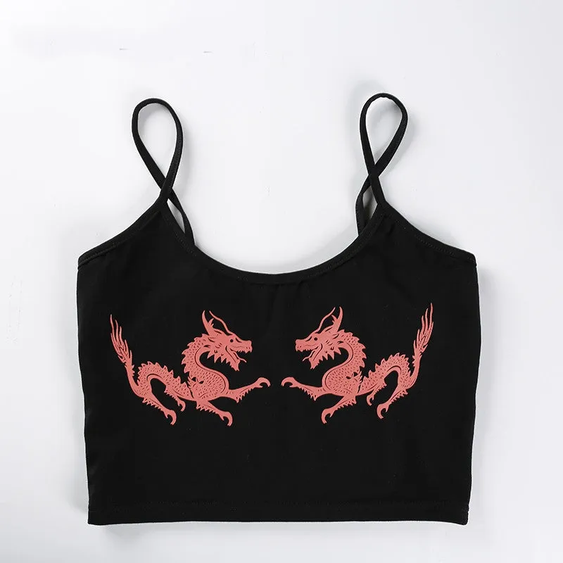 Women's Summer Strappy Tight Crop Top With Printed Dragons