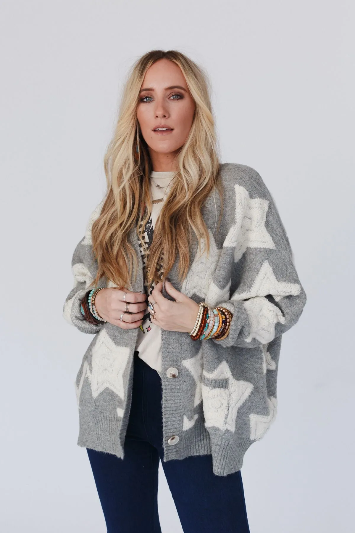 Wrapped In Stars Oversized Cardigan - Gray
