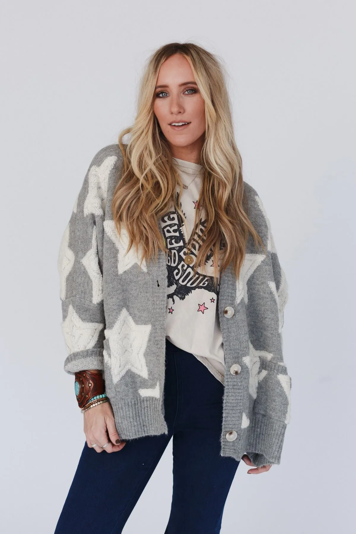 Wrapped In Stars Oversized Cardigan - Gray