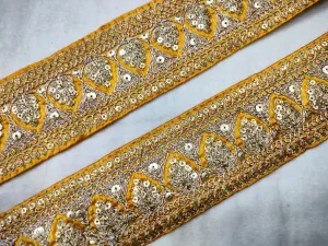 Yellow Fancy Sequins Trim Embroidered Border